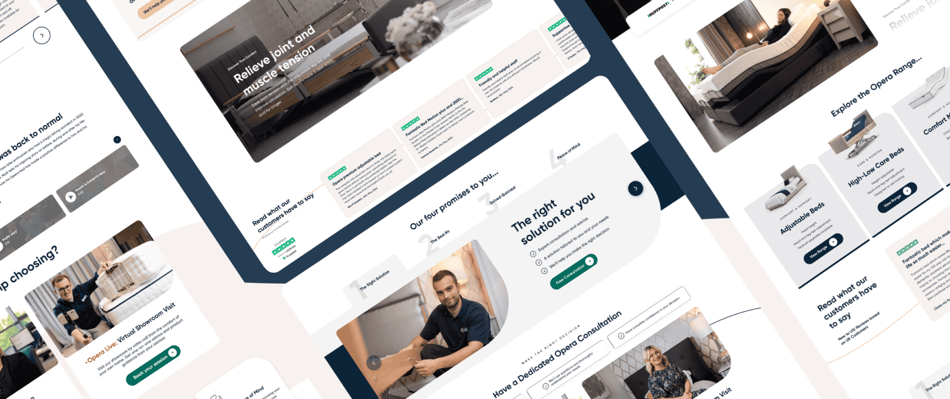 Opera Beds Website Design on Multiple Desktop Mockups